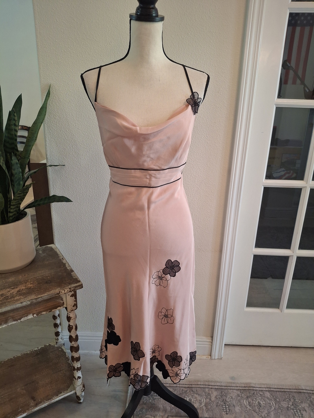 Vintage Y2K Express Pink Silk Slip Midi Dress with Black Floral Accents